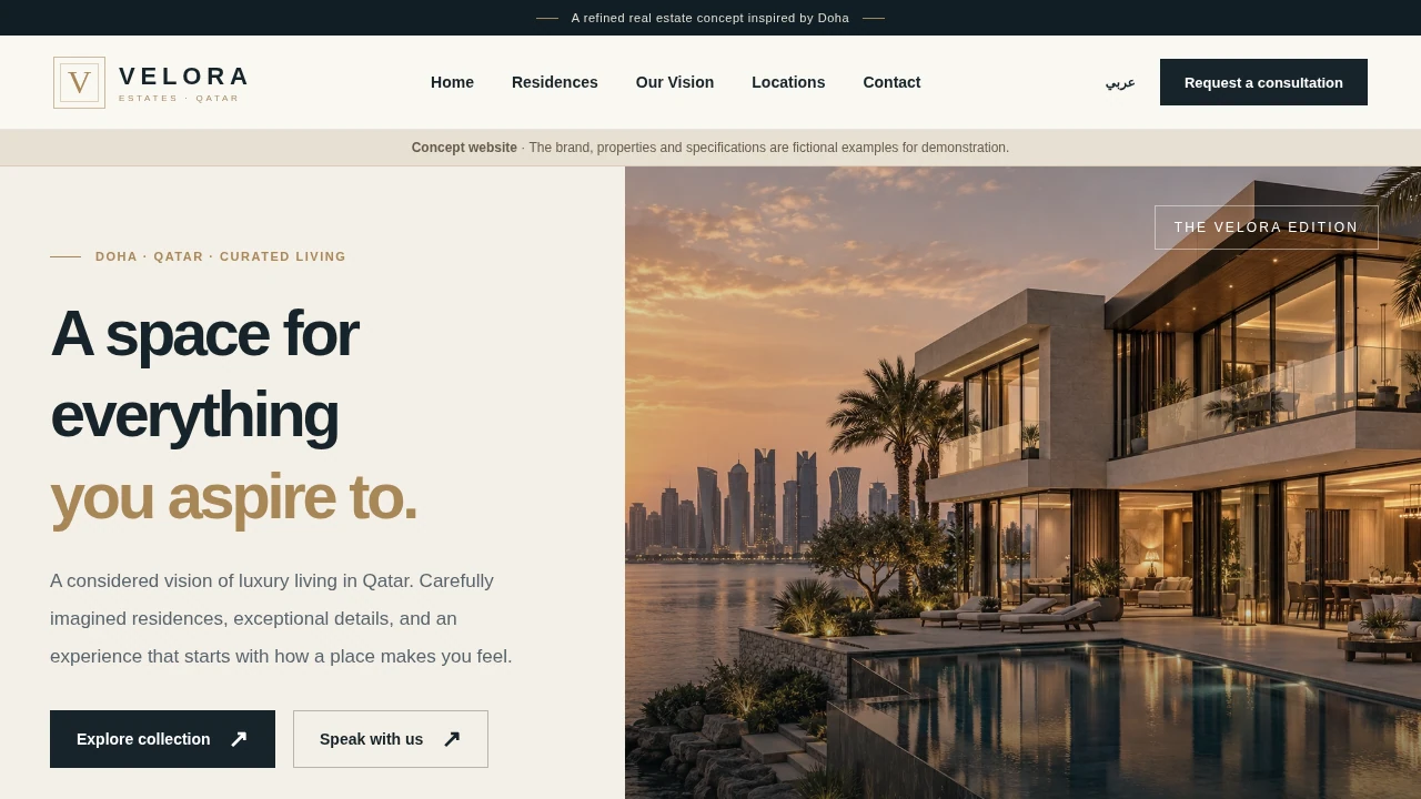 Actual preview of the VELORA Qatar real estate website in English